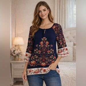 Navy blue and Cream Suzanne Betro’s Blouse Size Small